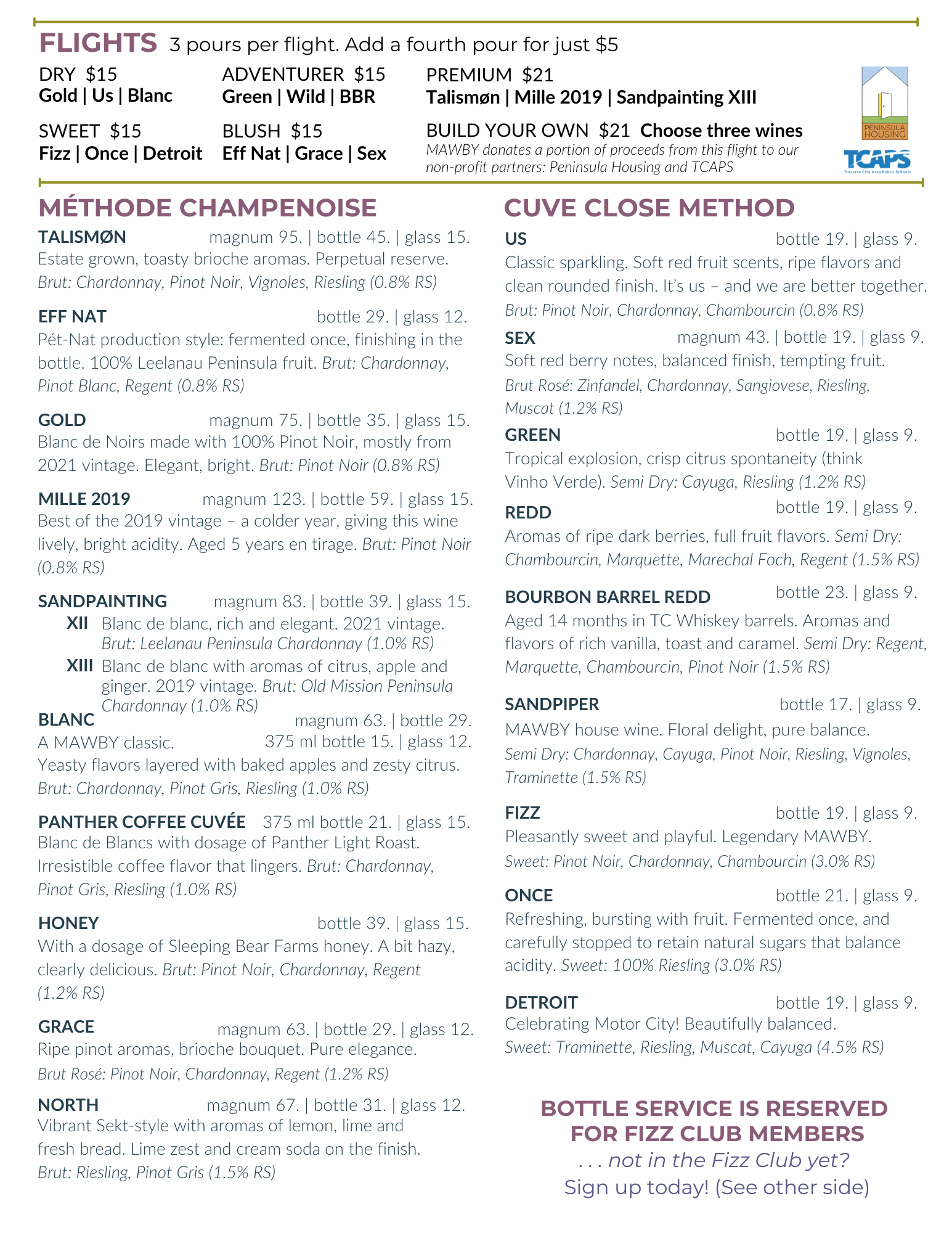 MAWBY spring 2026 tasting room menu
