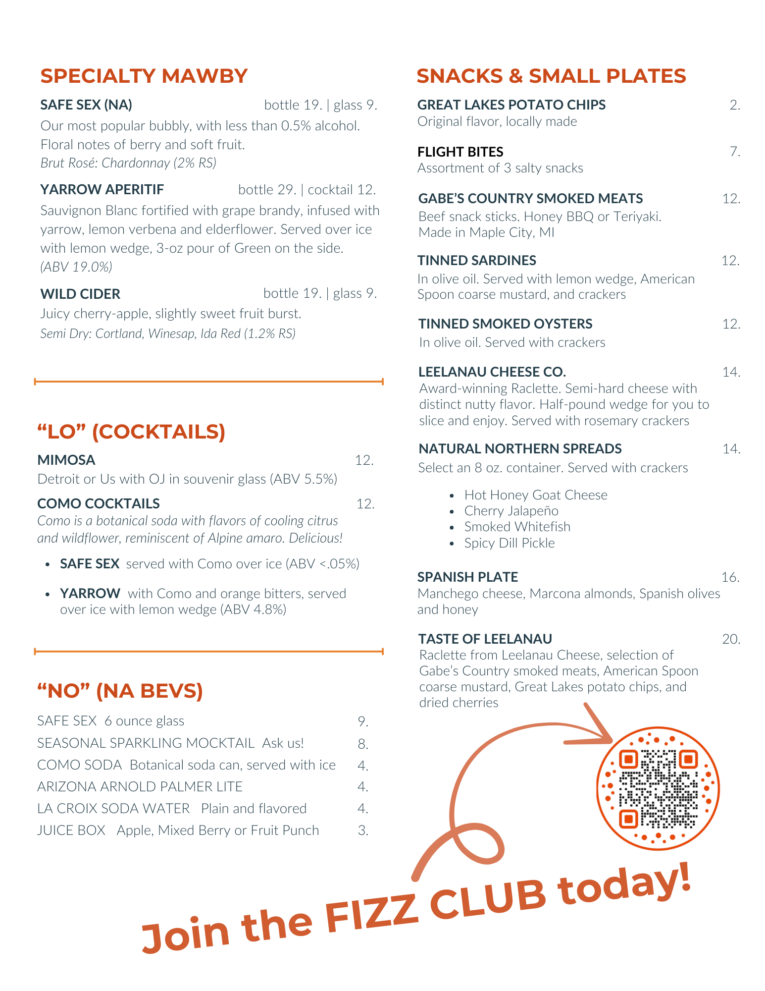 MAWBY late summer 2026 tasting room menu, back