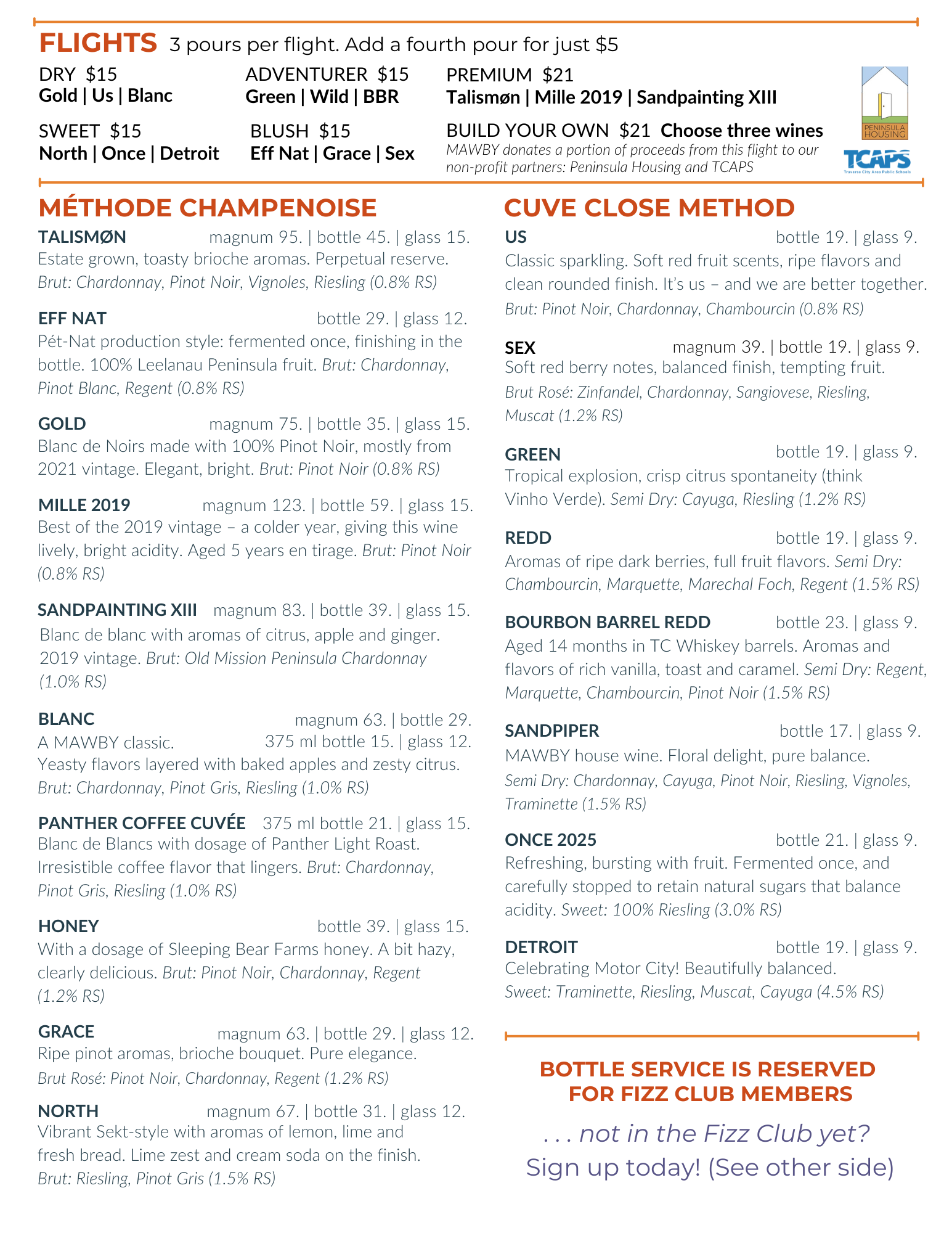 MAWBY late summer 2026 tasting room menu, front